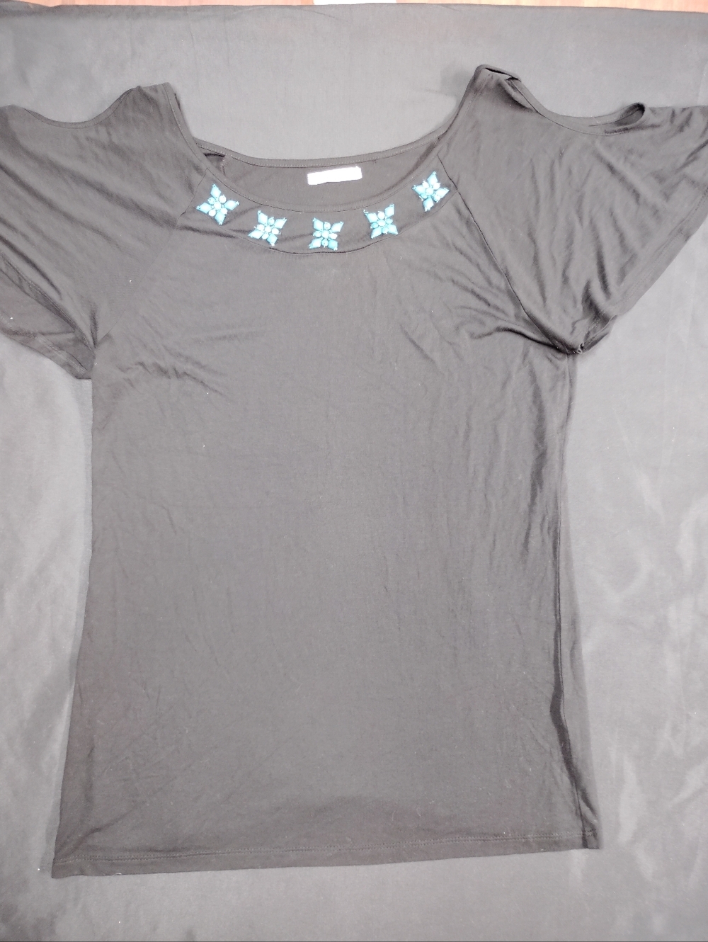 Women's Black Short-Sleeve Tee with Teal Bead Embellishment